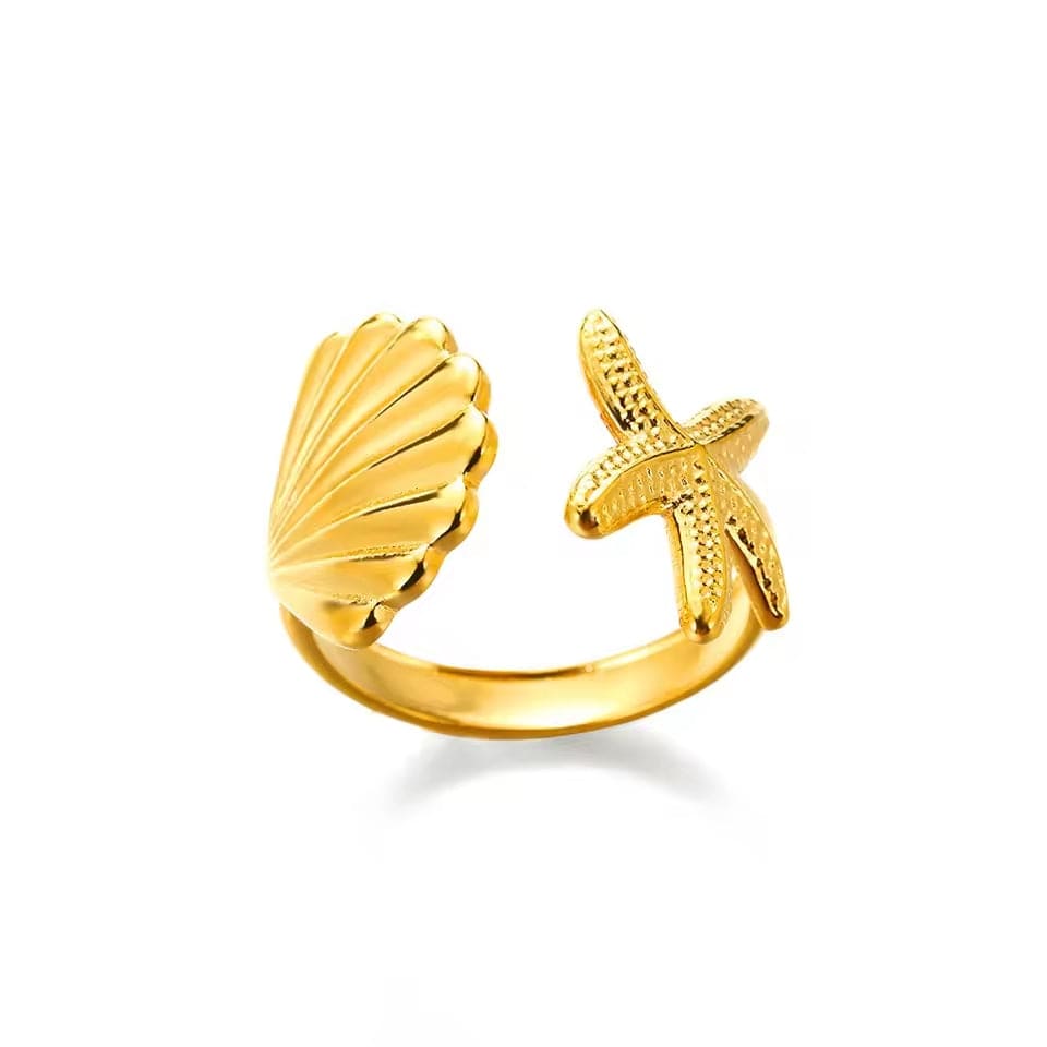 Bague Ajustable Étoile de Mer et Coquillage dorée