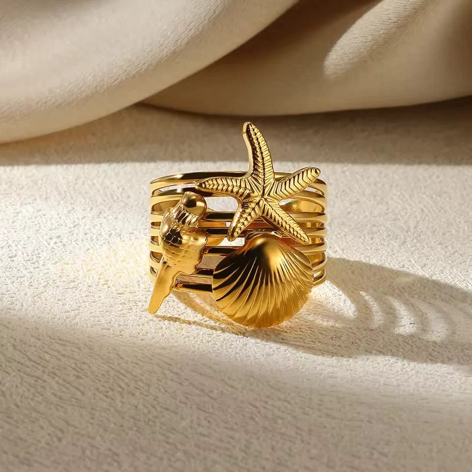Bague Coquillage Saint-Jacques et Étoile de Mer ajustable dorée
