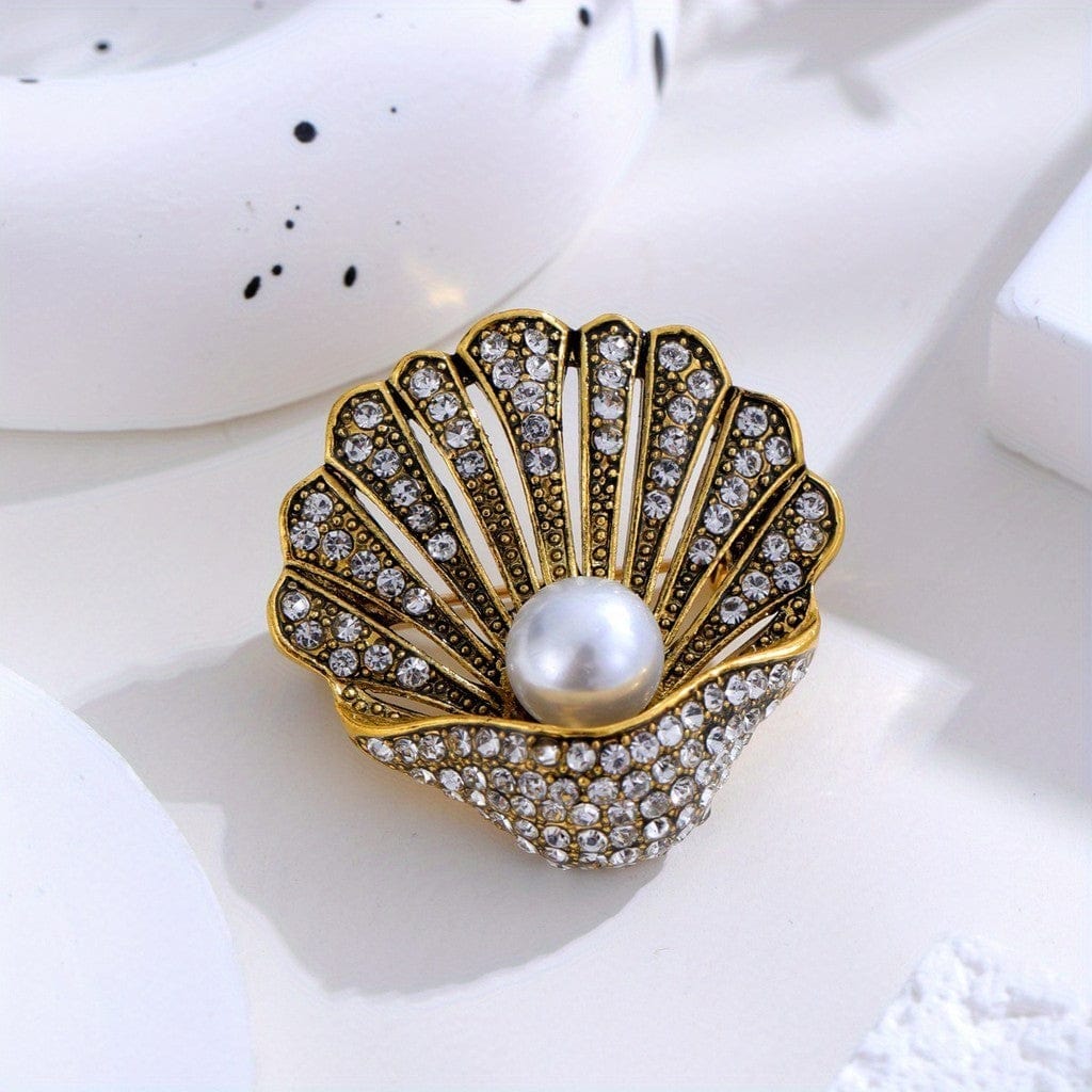 Broche Coquillage Saint-Jacques Dorée avec Perle et Strass