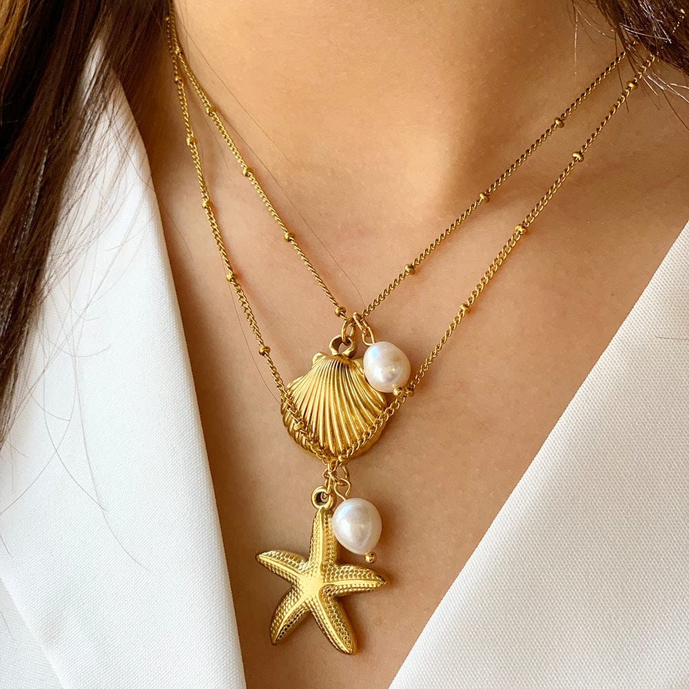 Collier Or Coquillage Double Pendentif