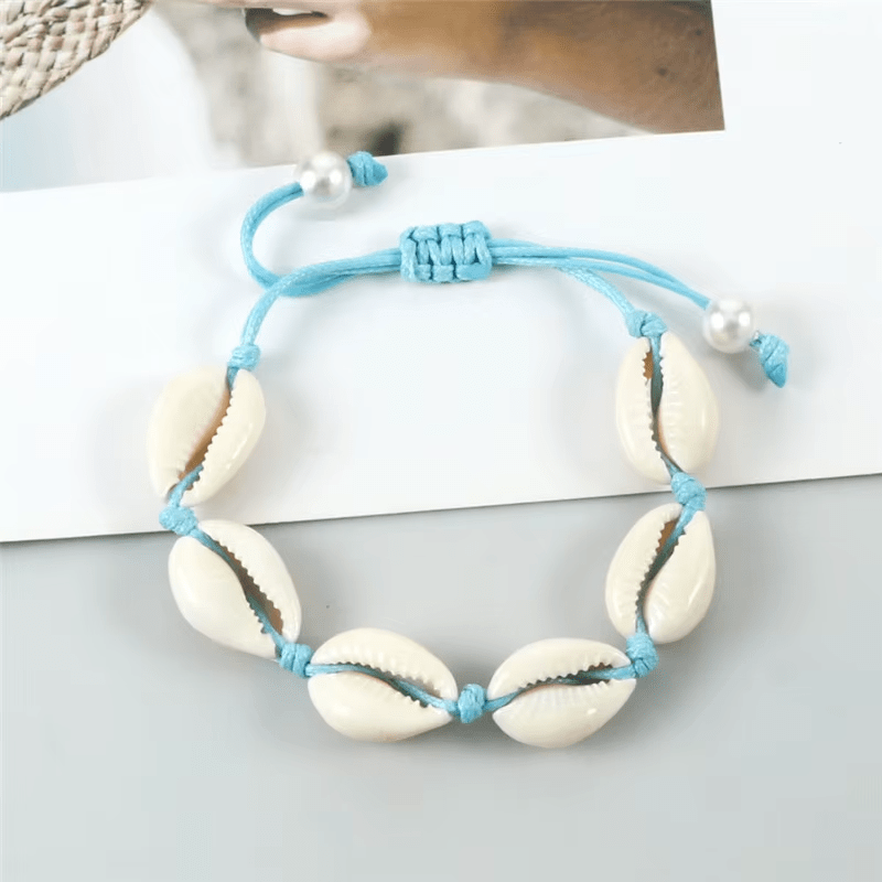 Bracelet Cheville Coquillage Cordon Azur