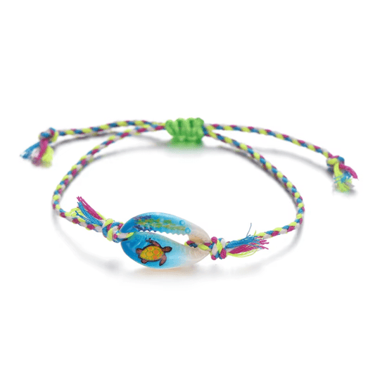 Bracelet Coquillage Vert Et Jaune Tressé