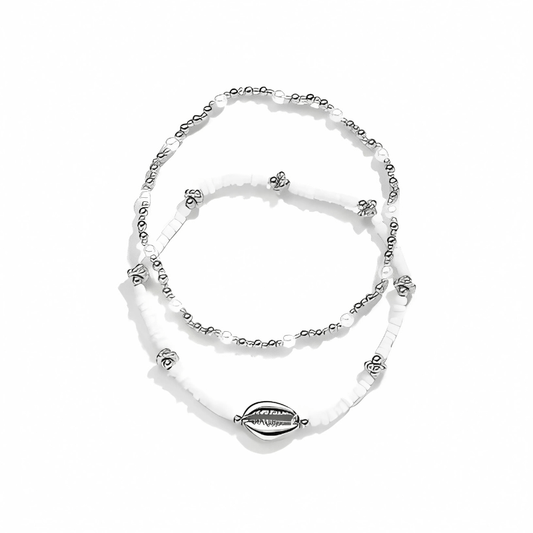 Bracelet de Cheville Double Coquillage Cauri et Perles Blanches