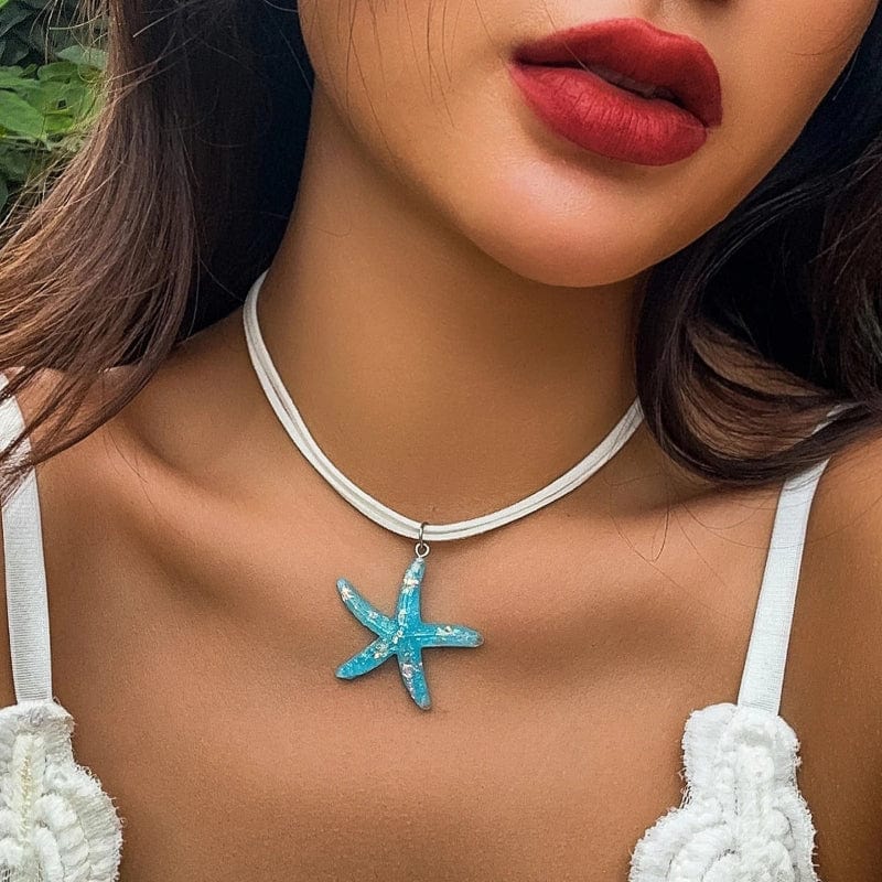Collier Coquillage Pendentif Étoile de Mer Bleu