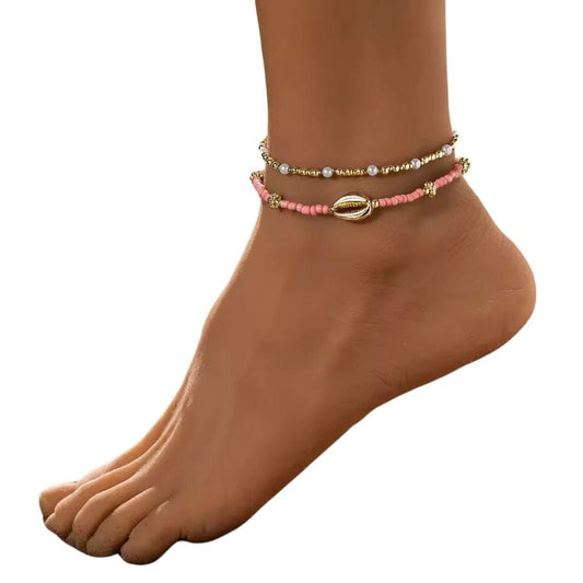 Duo de Bracelet de Cheville Bohème Coquillage et Perles Colorées