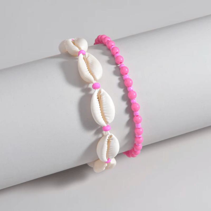 Duo de Bracelet de Cheville Coquillage Bohème et Perles Colorées Roses