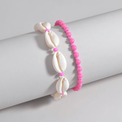 Duo de Bracelet de Cheville Coquillage Bohème et Perles Colorées Roses