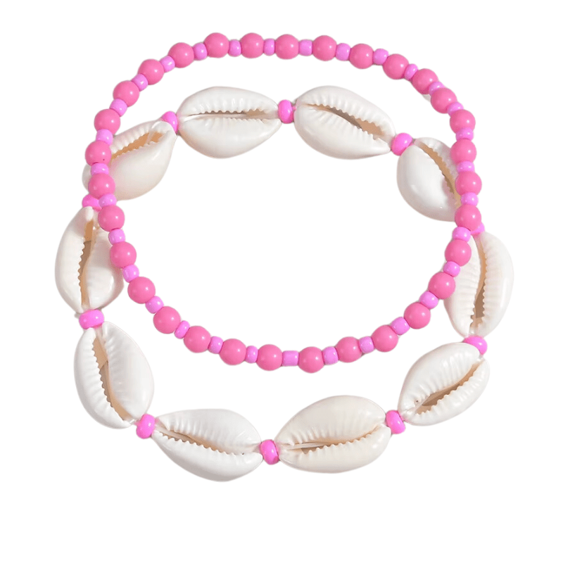 Duo de Bracelet de Cheville Coquillage Bohème et Perles Colorées Roses