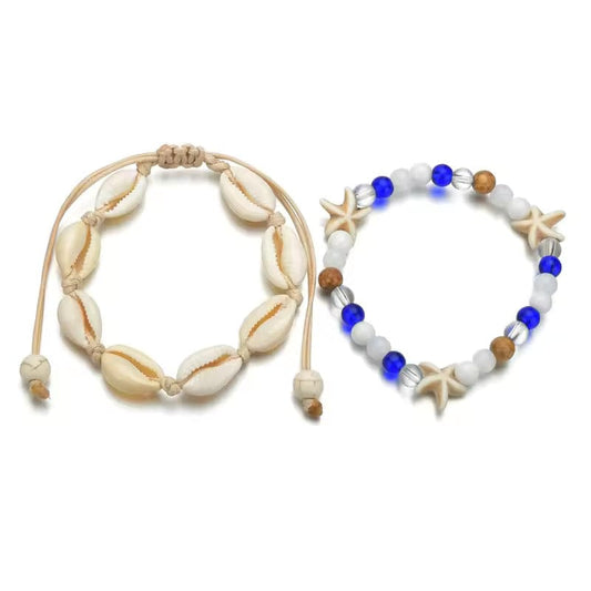 Duo de Bracelets de Cheville Coquillage Bohème et Perles Colorées