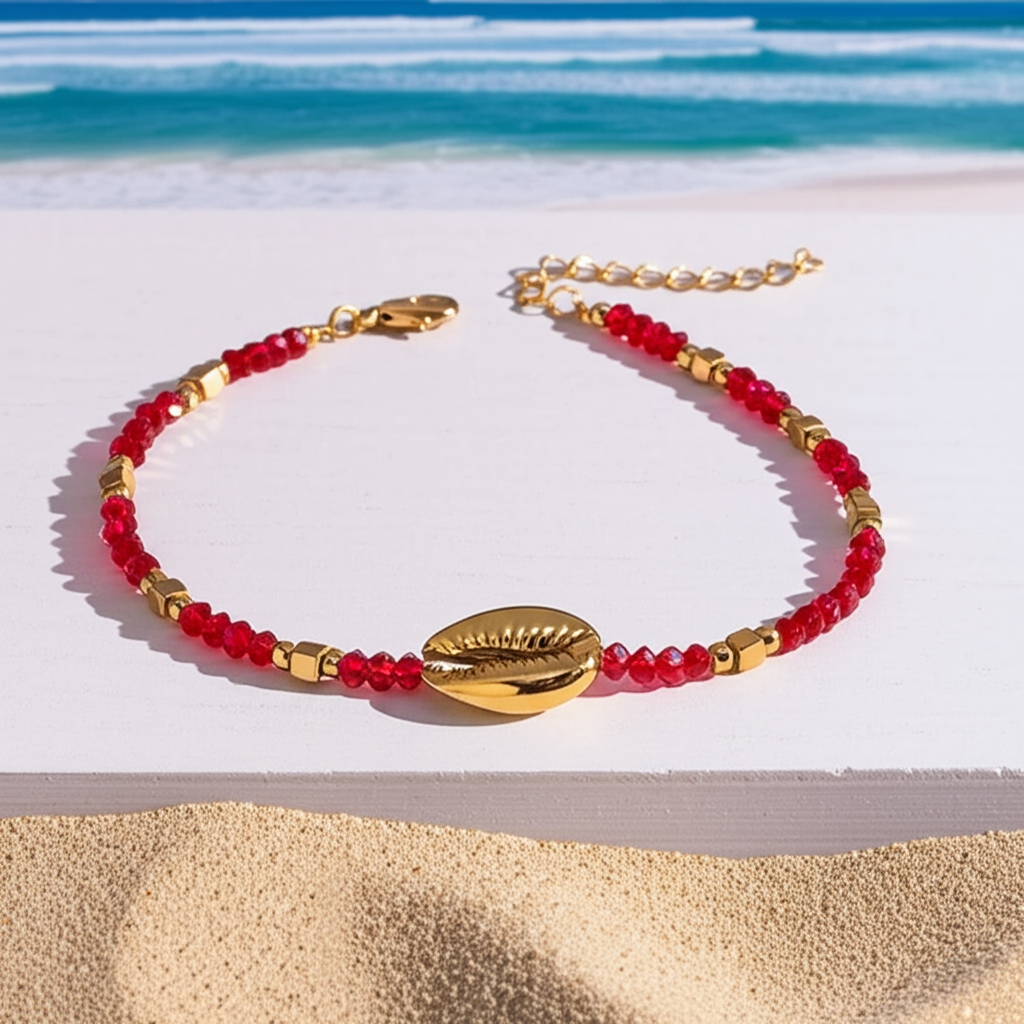 Bracelet Coquillage Perles Rouges